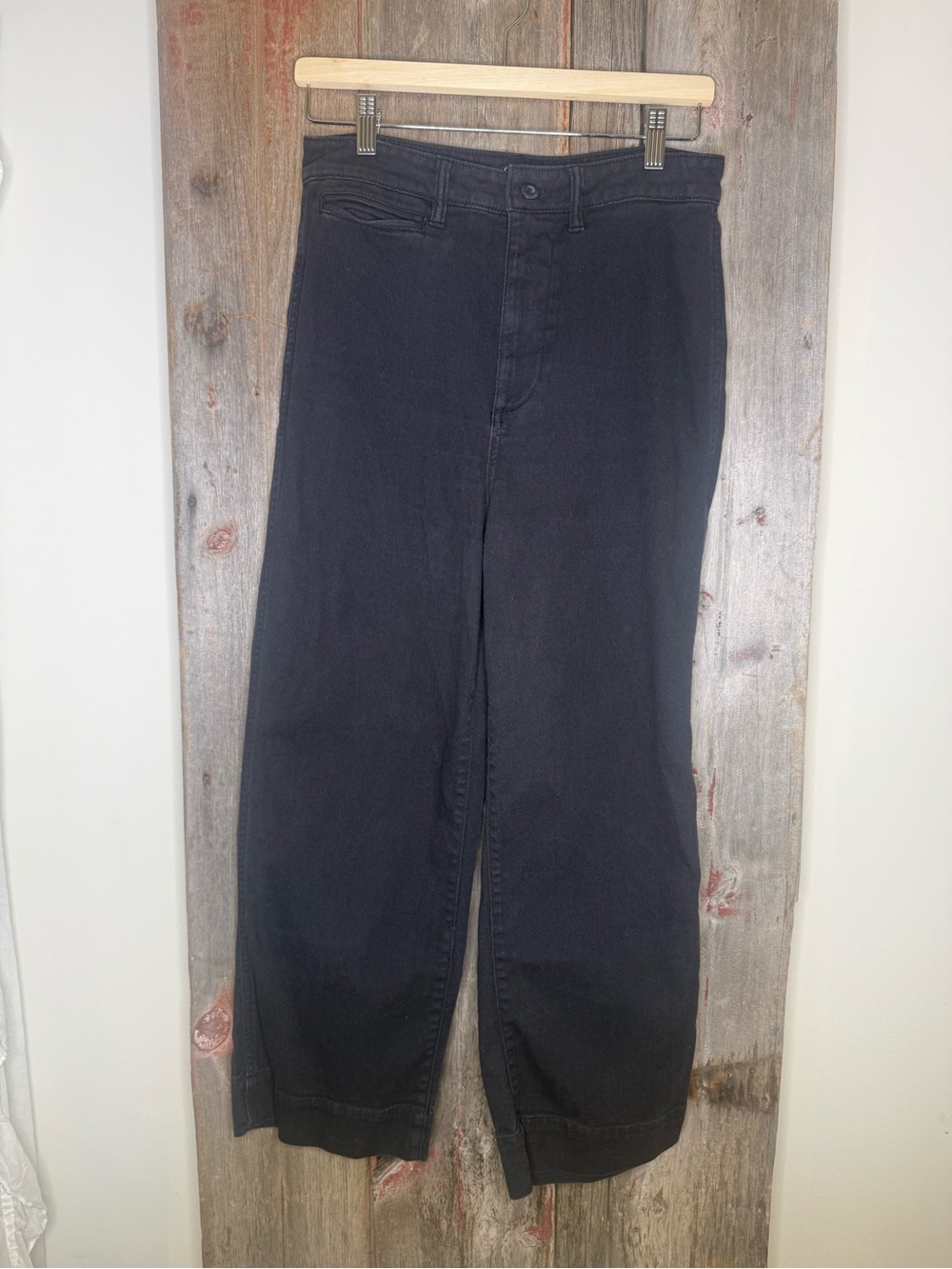Quince High Rise Cotton Wide Leg Cropped Trouser Chino pant in Black size 28